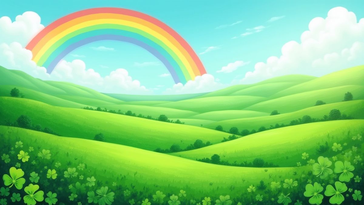Vibrante Ierse landschap met groene heuvels en een regenboog.