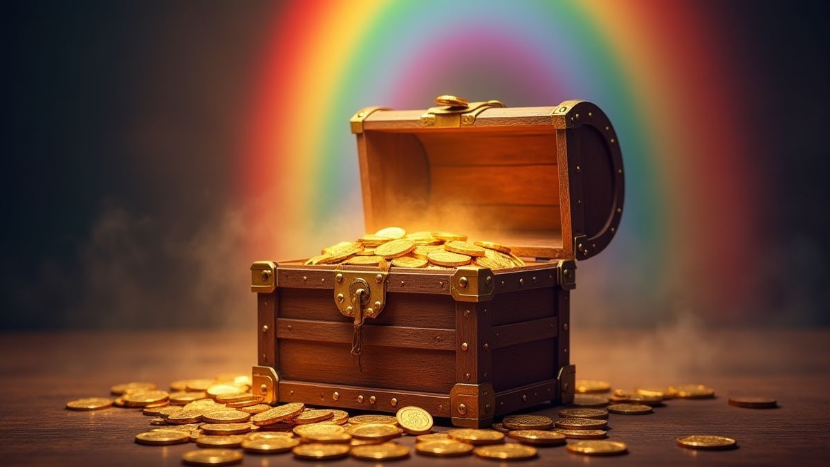 Een schatkist vol munten onder een stralende regenboog.
