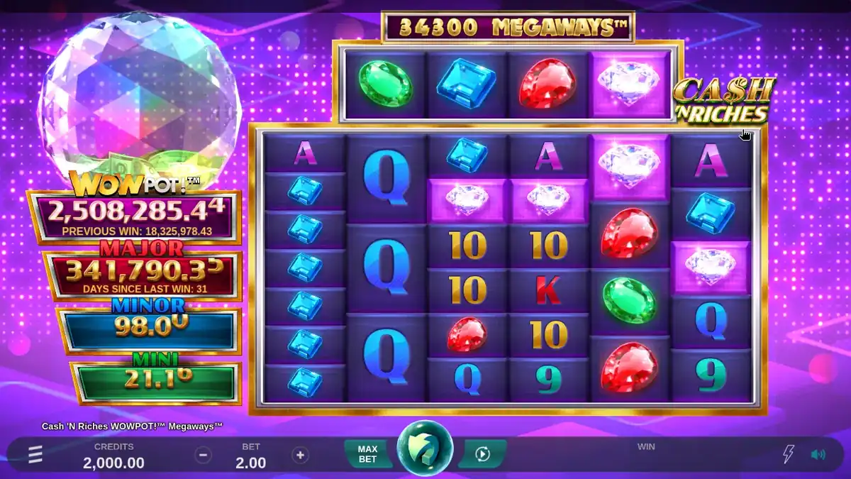 Cash 'N Riches WOWPOT! Megaways Slot Bildschirm des Grundspiels