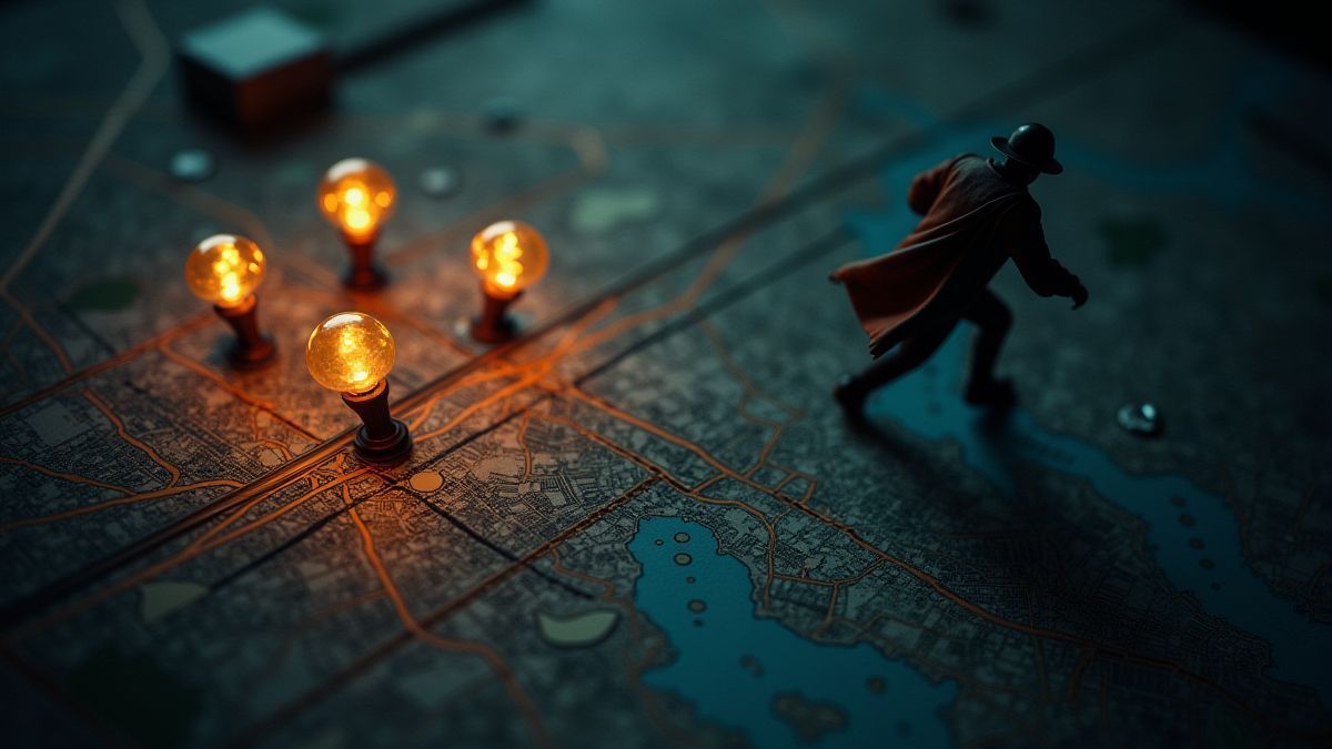 A map with markers and a detective chasing a suspect.