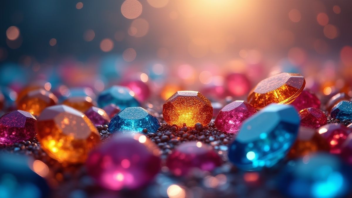 Piedras preciosas cayendo en una luz brillante.