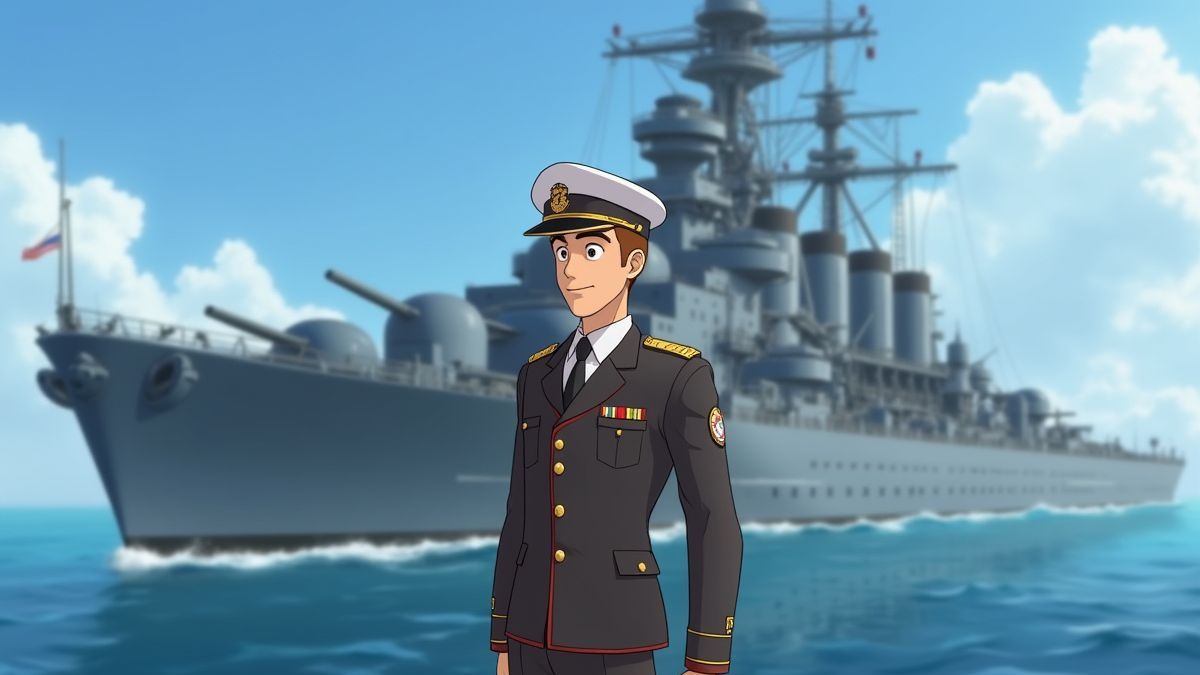 Héroe naval animado frente a su barco.