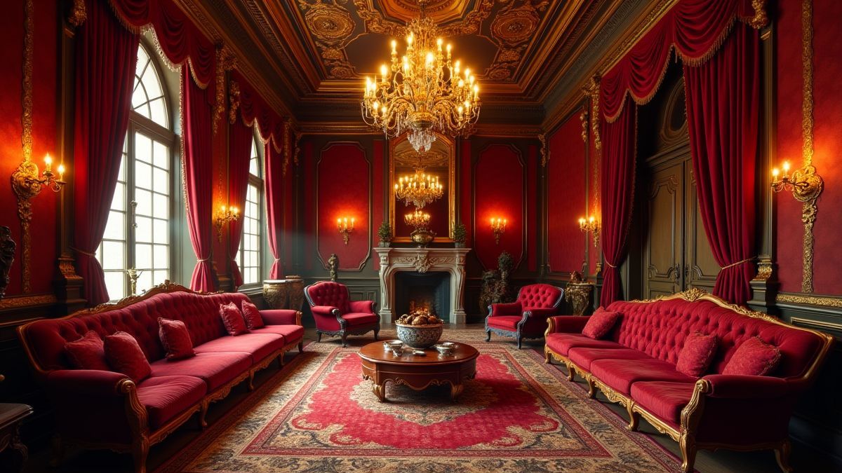 A luxurious mansion with gold details and red velvet furniture.