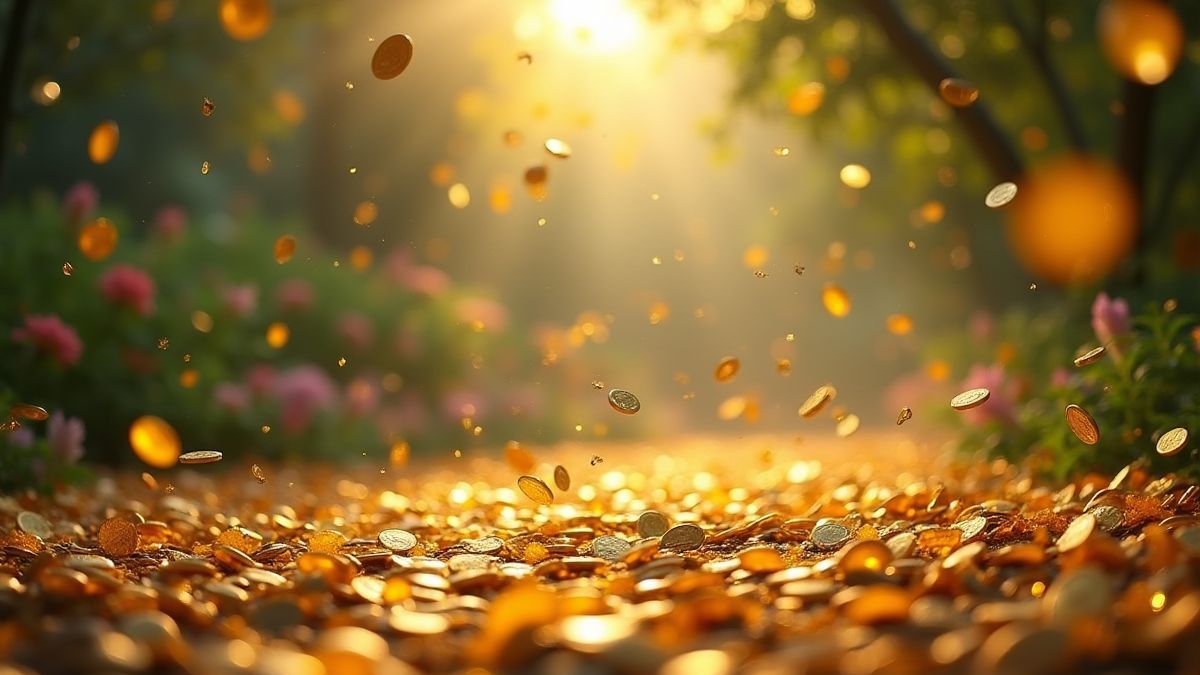 Gold coins and jewels falling in a magical garden.