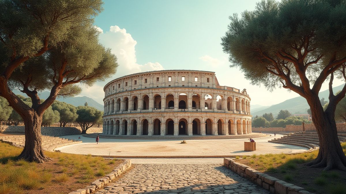 Greek coliseum with athletes preparing to compete.
