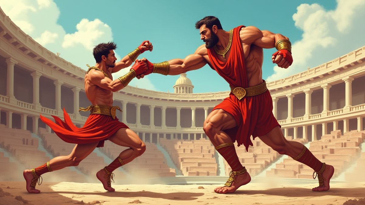 Titan boxing with an Olympic athlete in a coliseum.