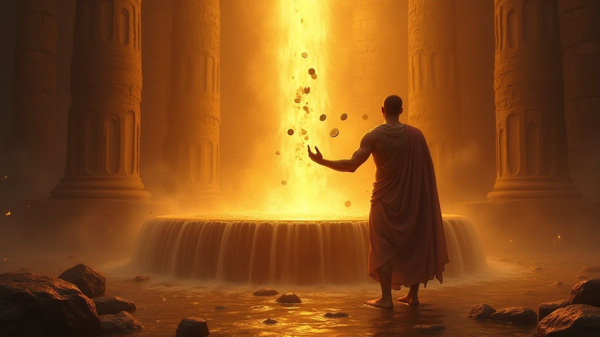 Titan throwing coins into an ancient fountain.