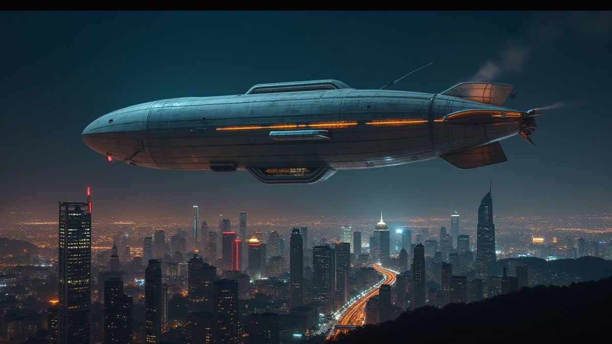Un dirigible futurista sobre una ciudad iluminada.