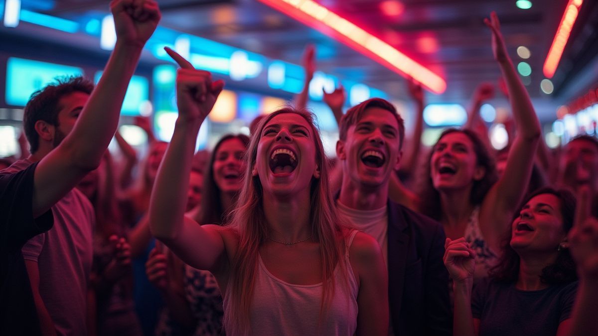 Personas celebrando en un casino futurista.