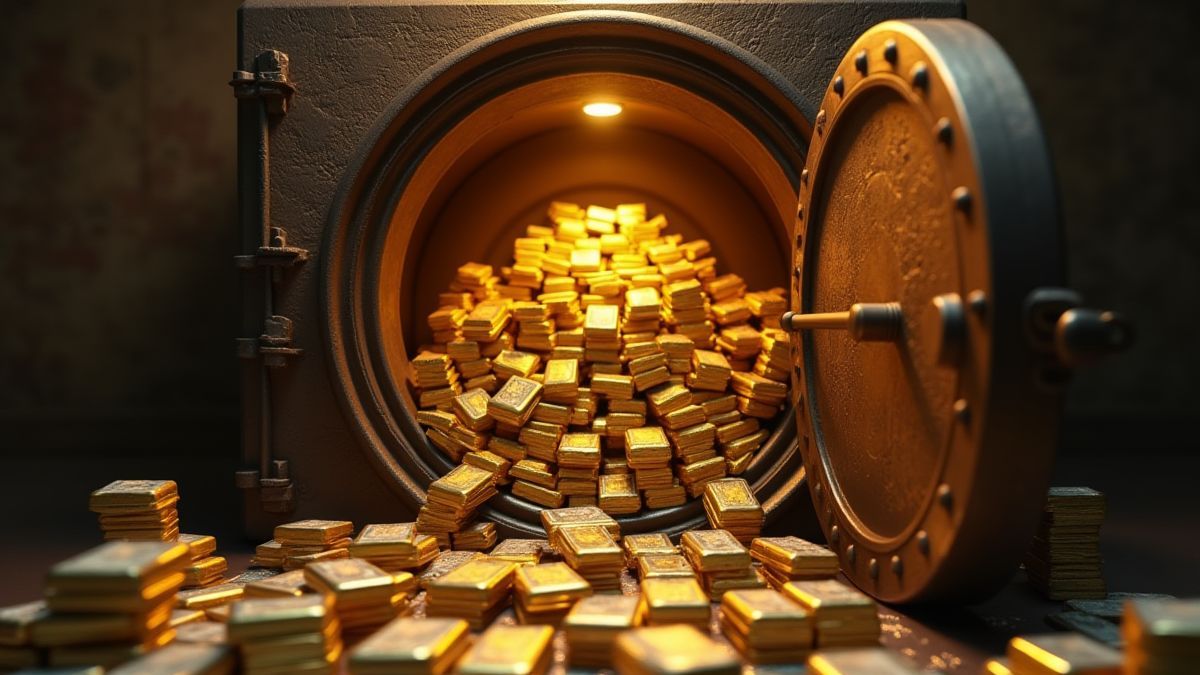 Ein Tresor voller Goldbarren und Geldhaufen.