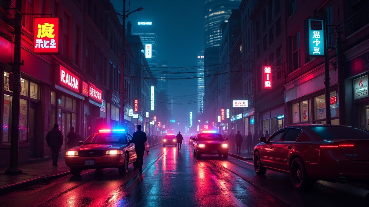 A street illuminated with neon lights and patrol cars in action.