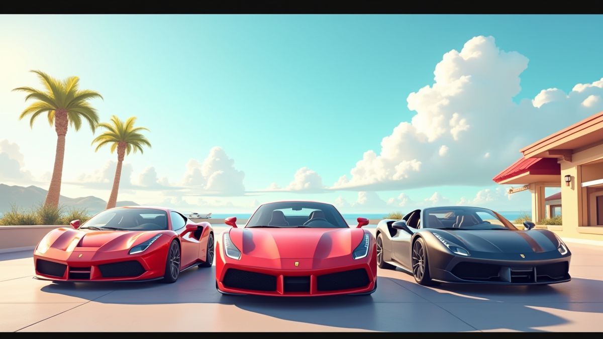 Luxury scene with sports cars and private jets in an animated style.