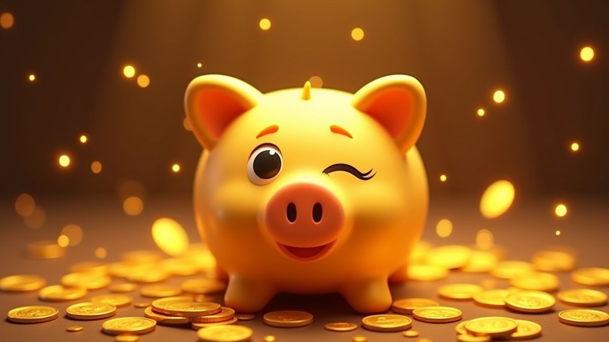 Golden piggy bank surrounded by shiny coins.