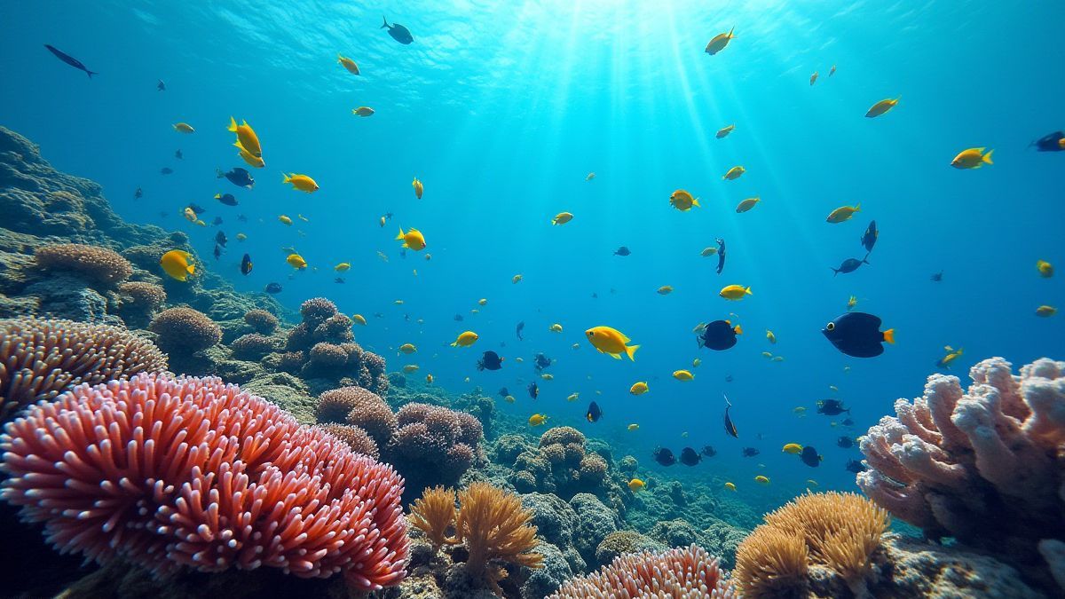 Un arrecife de coral lleno de peces coloridos.