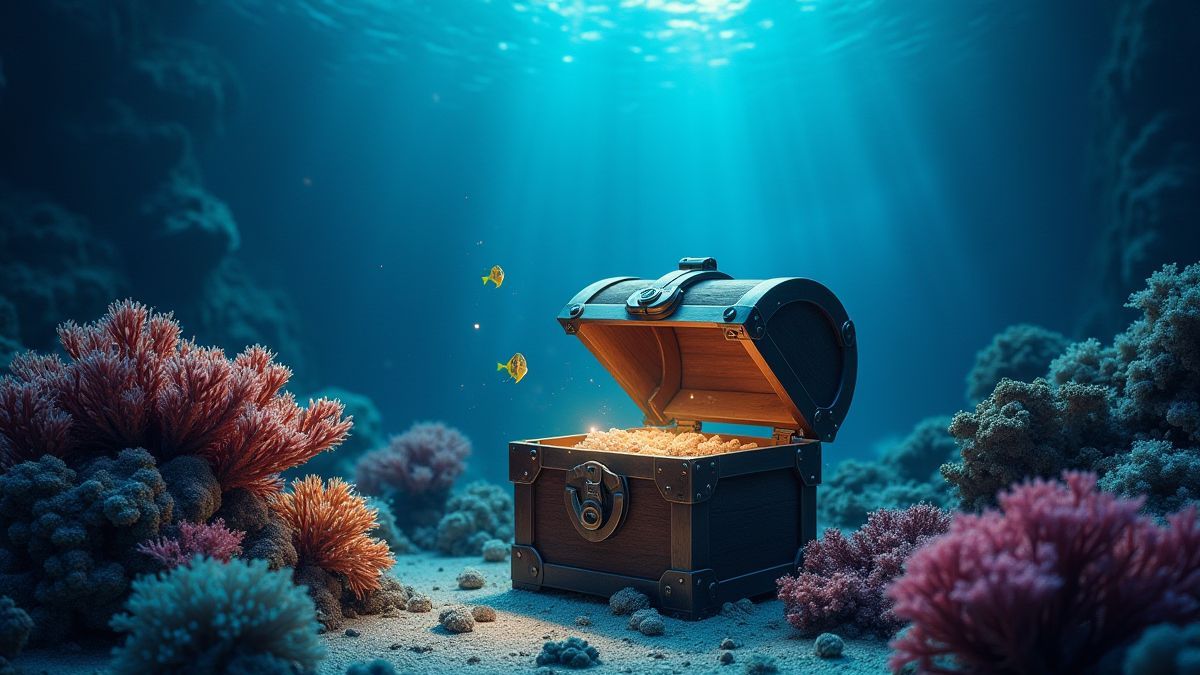 Un cofre del tesoro rodeado de corales y peces en el fondo del océano.