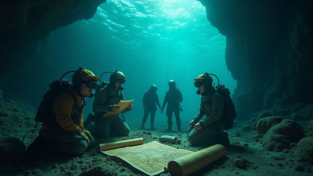 Un grupo de aventureros explorando un tesoro submarino con mapas y herramientas.