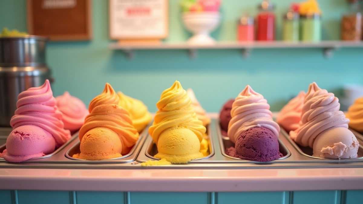 Une boutique de glaces avec des boules de glace de différentes saveurs sur le comptoir.