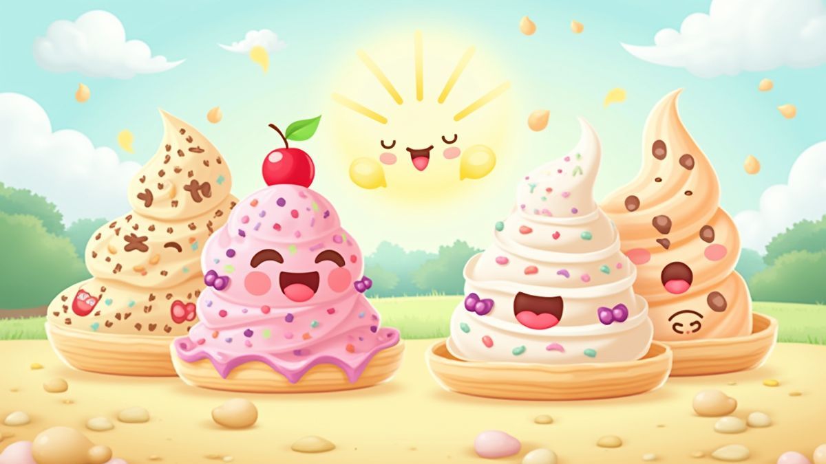 Graphiques joyeux avec des boules de glace animées et un fond ensoleillé.