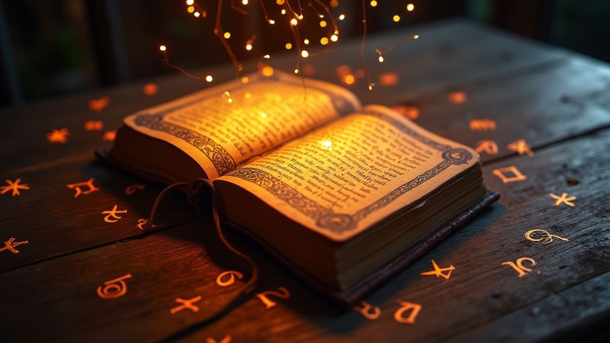 Glanzend spreukenboek omringd door magische runen.