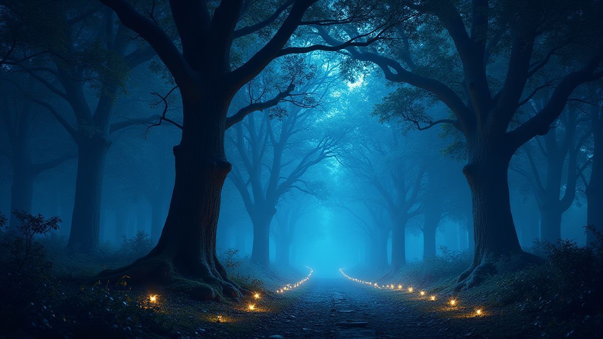 Betoverd bos 's nachts met schitterende magische lichten.