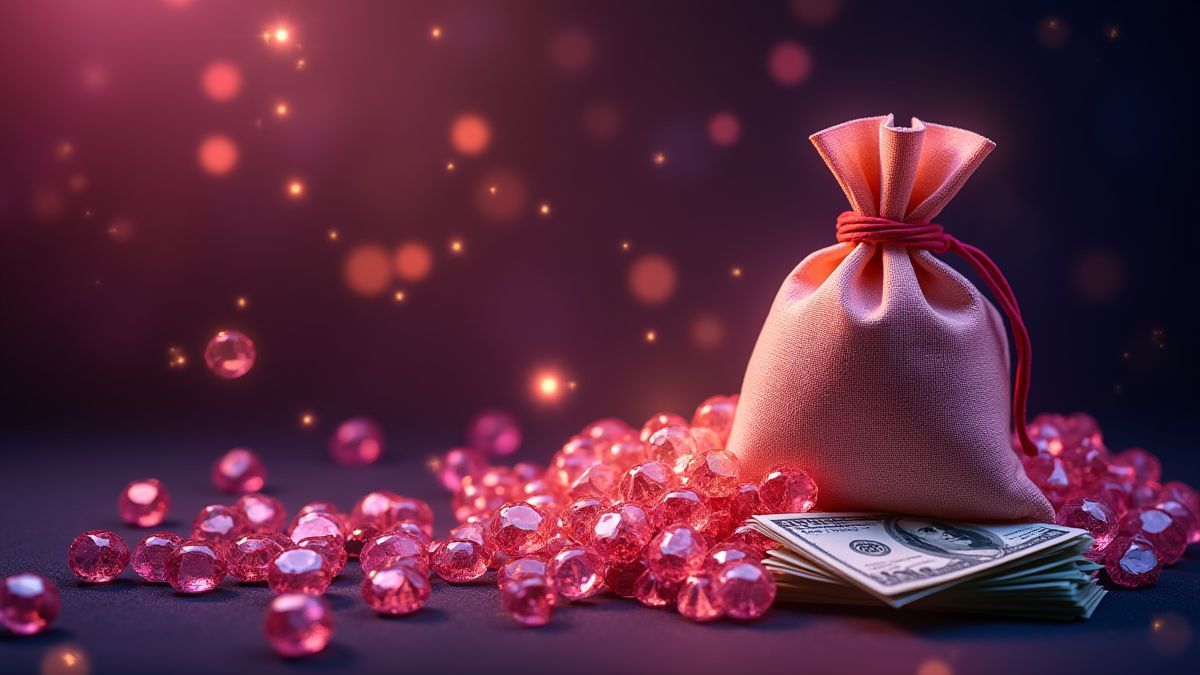 Bolsas de dinero y gemas brillando bajo luces de casino