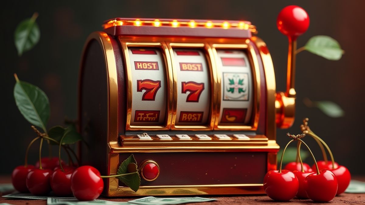 Máquina tragamonedas retro con cerezas y billetes de dólar.