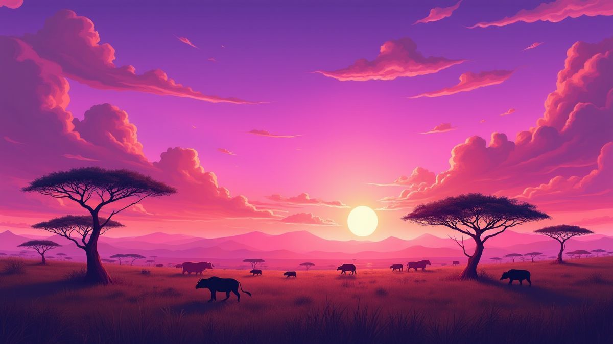 Una sabana vibrante con animales bajo un cielo púrpura.