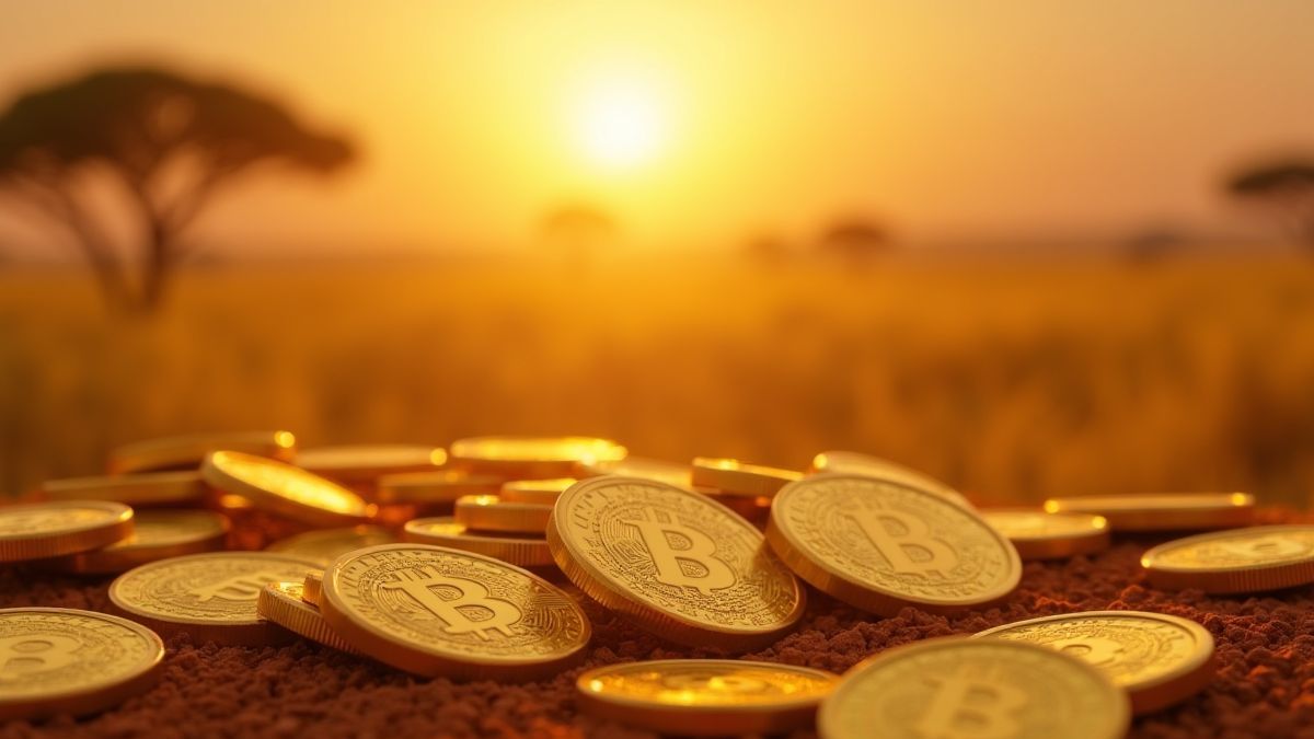 Monedas doradas esparcidas sobre un paisaje de sabana.