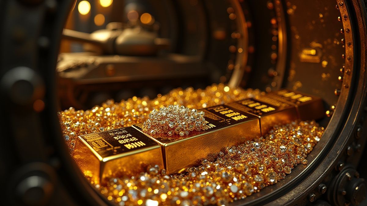 A vault filled with gold bars and diamonds with a military tank in the background.