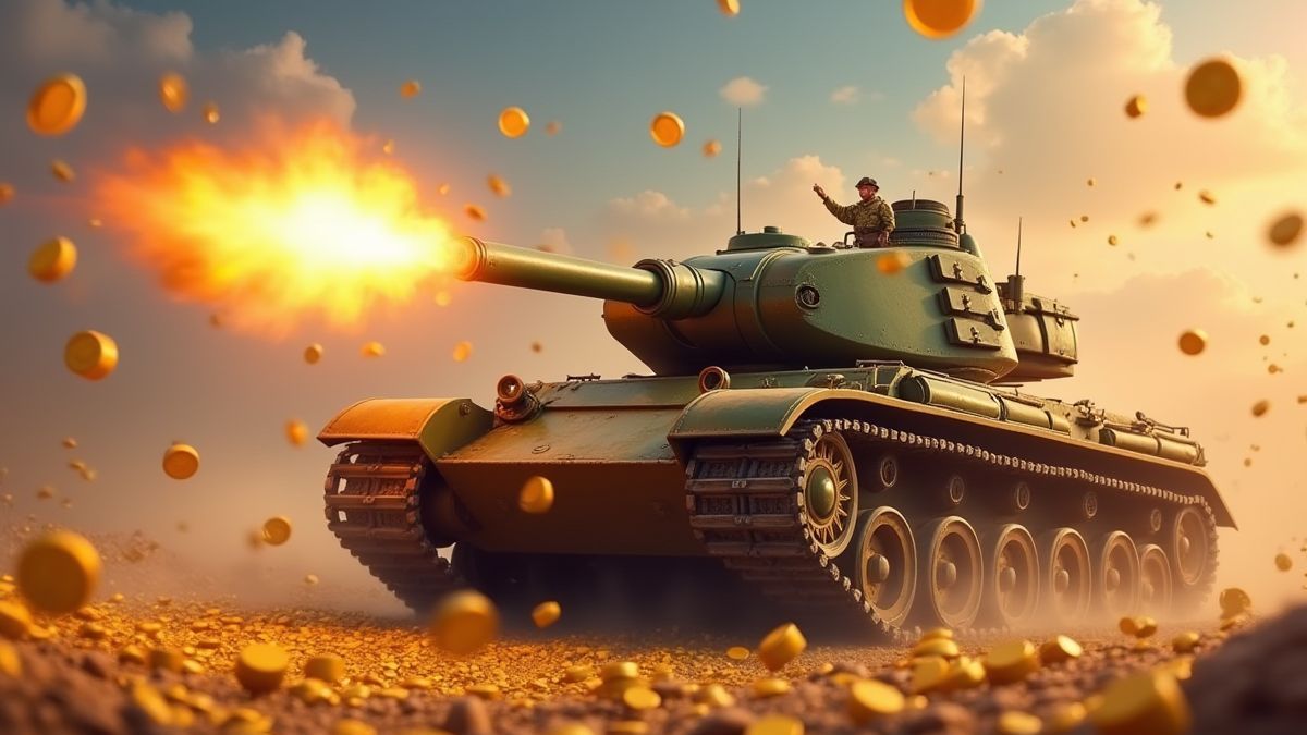 A tank shooting gold coins into the air during the re-spin feature.