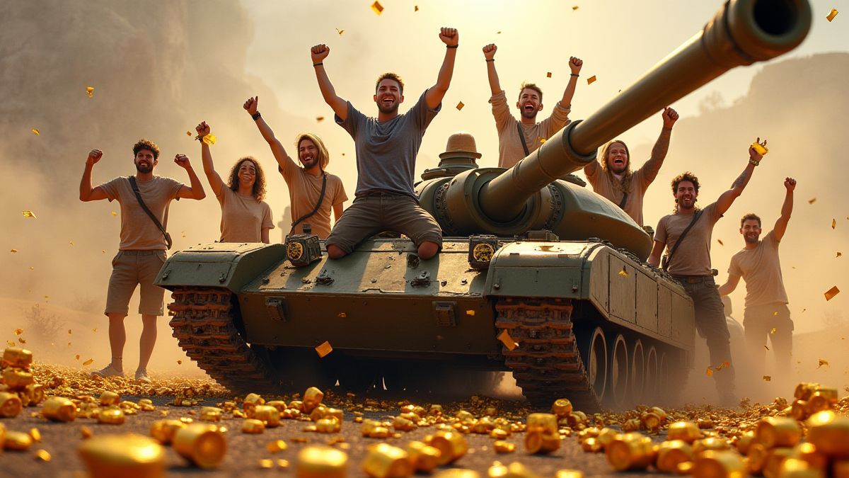 A group of players celebrating around a military tank surrounded by gold bars.
