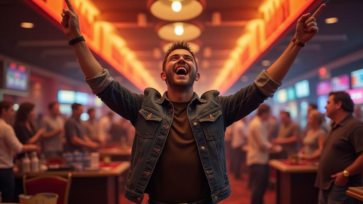Spieler feiert einen Jackpot-Gewinn in einem Casino.