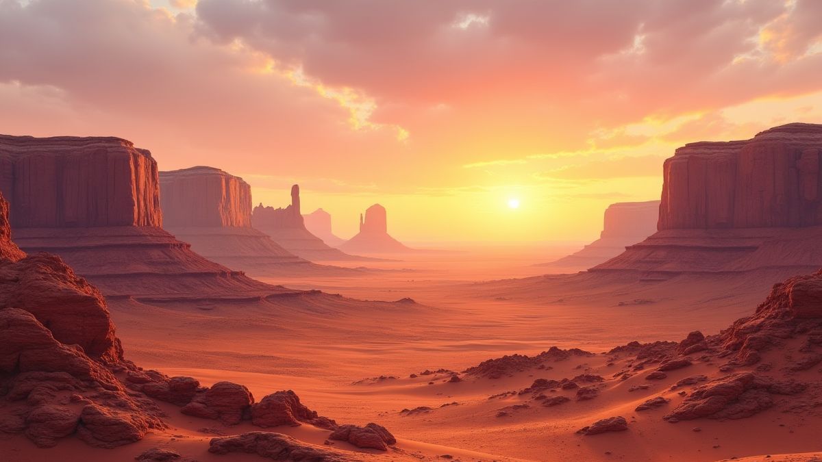 Paisagem desértica com terreno áspero e um atardecer