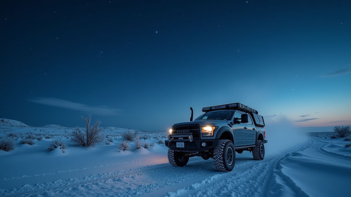 Truck crossing a snowy landscape under a starry sky.