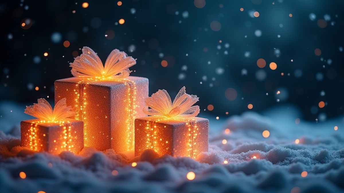 Christmas symbols glowing on a dark and icy background.