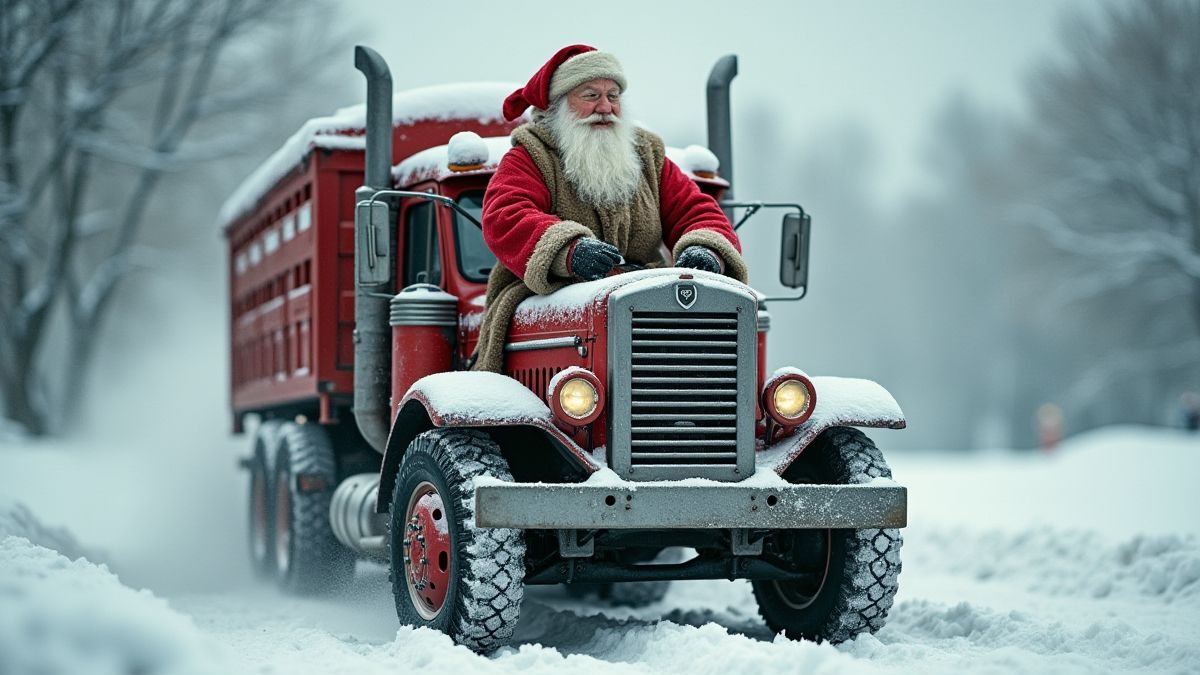Festive and rugged Santa driving a truck in a snowy environment.
