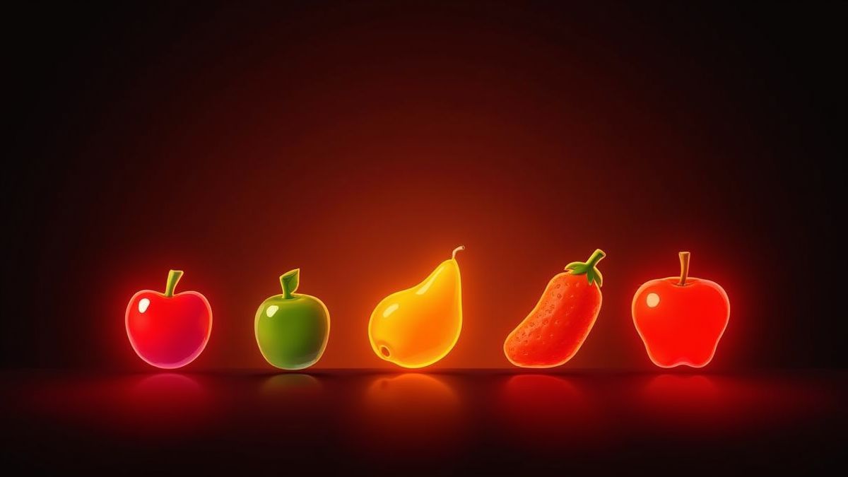 Klassische Früchte-Symbole, die auf einem dunklen Hintergrund leuchten.