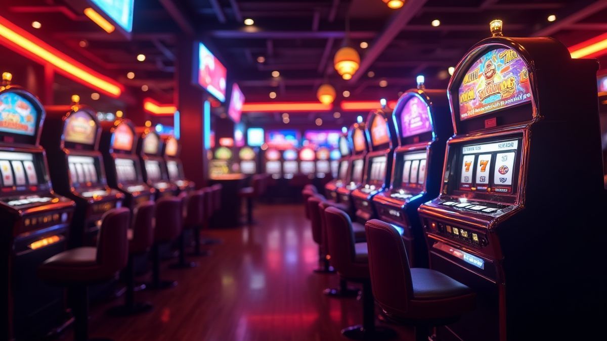 Eine klassische Casino-Atmosphäre mit leuchtenden Spielautomaten und Neonlichtern.