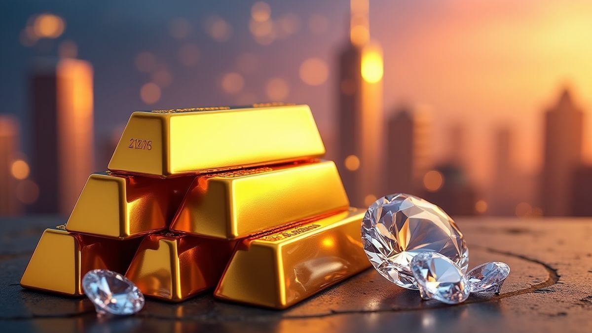 Stapels goudstaven en diamanten voor een levendige stedelijke achtergrond.