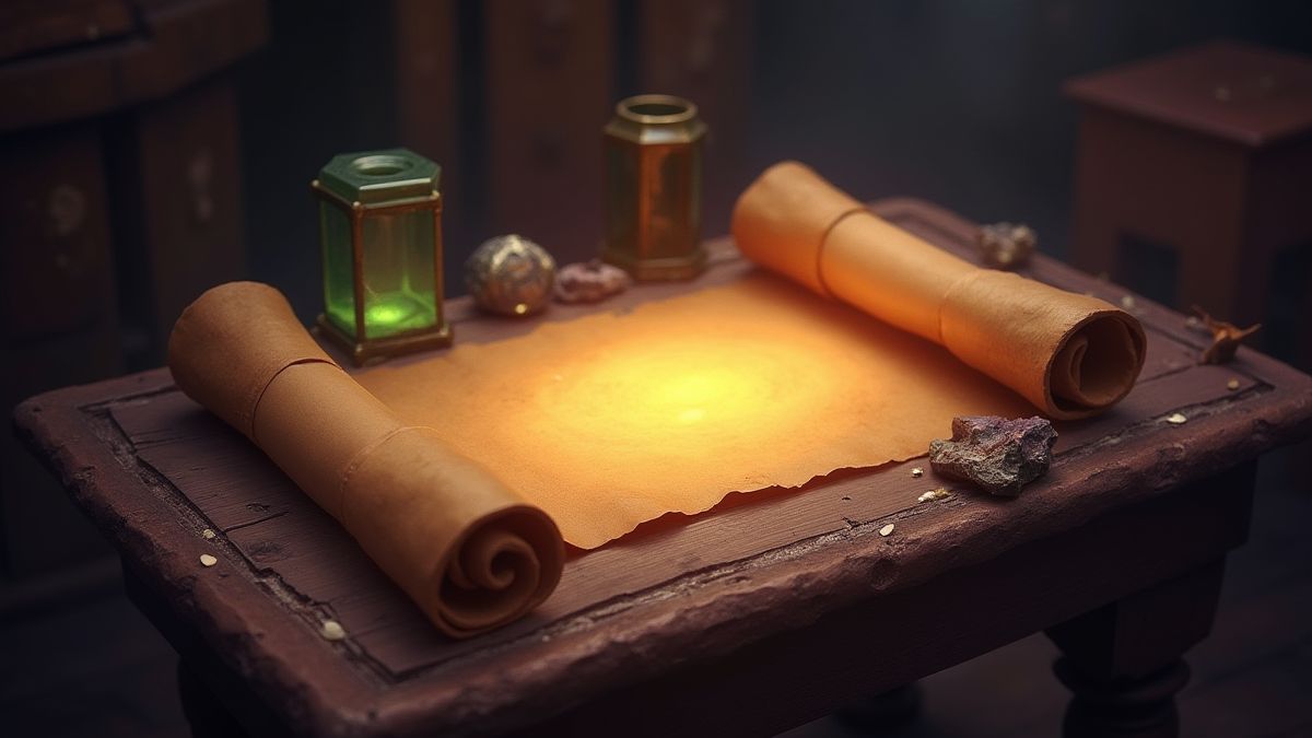 Parchemin brillant entouré d'artefacts magiques.