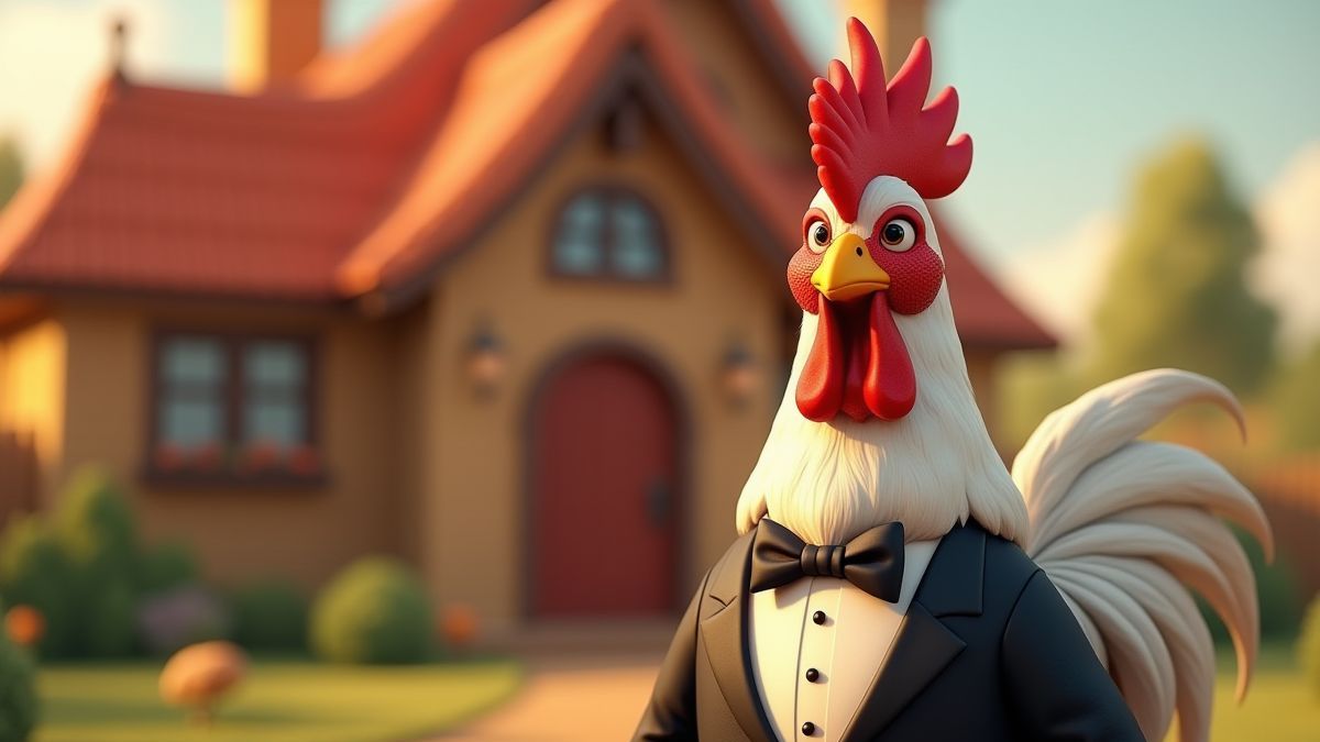 Un gallo en esmoquin frente a una casa de lujo para gallinas.