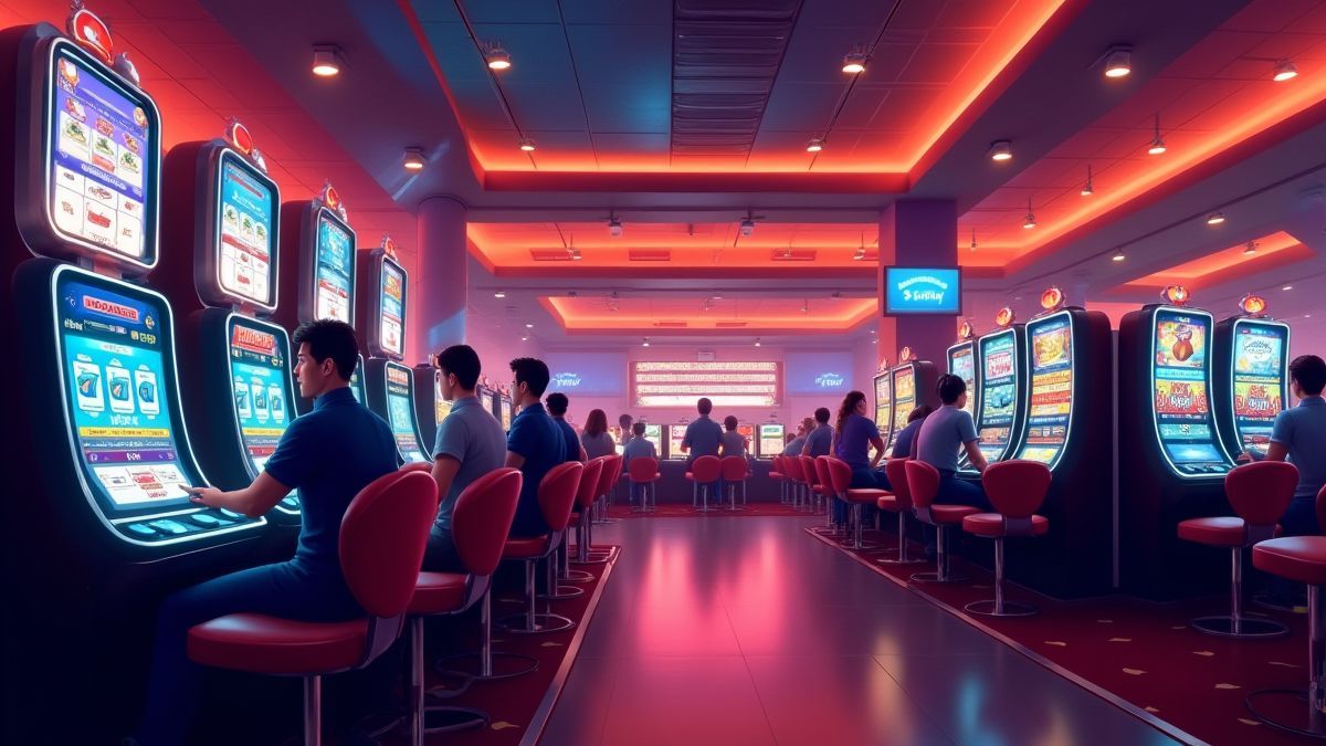Jugadores disfrutando de las tragamonedas en un ambiente colorido de casino.
