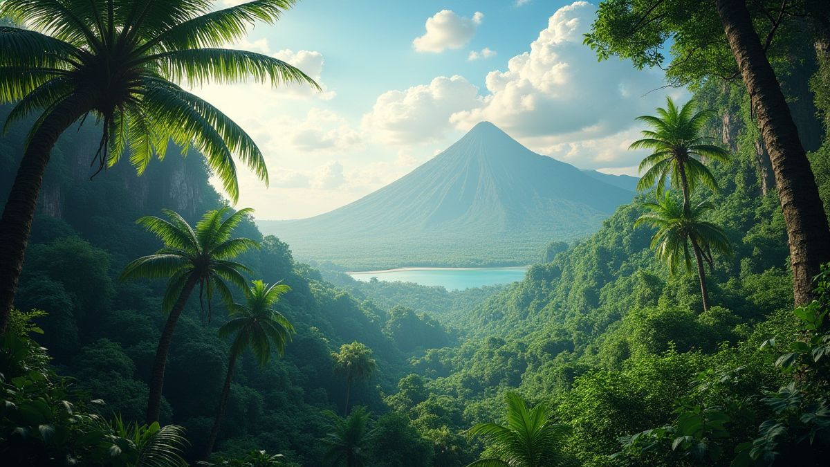 Une jungle préhistorique avec des fougères géantes et des volcans au loin.