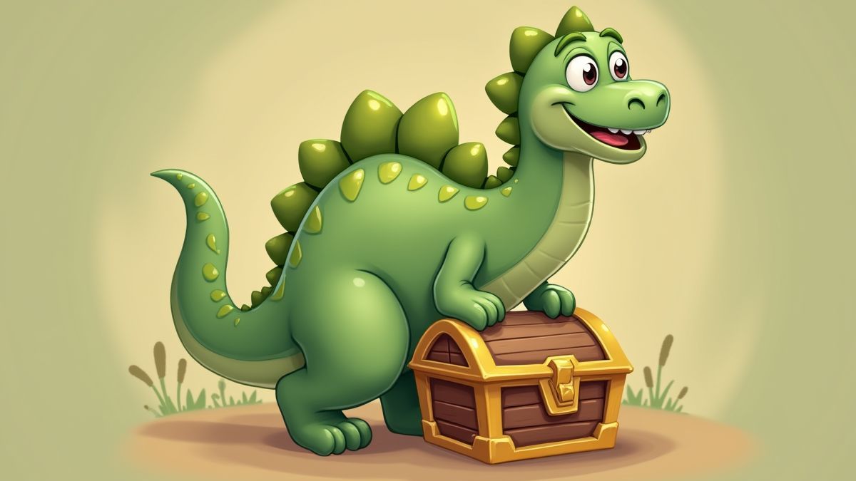 Un dinosaure amical avec un coffre au trésor.