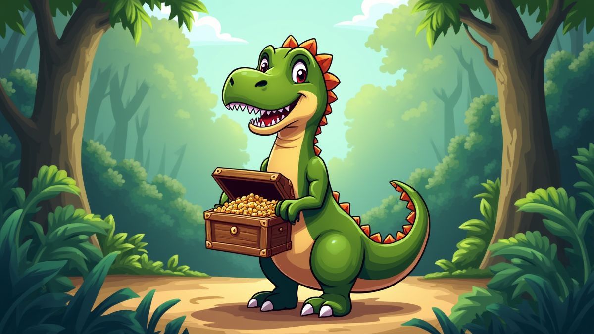 Un dinosaurio T-Rex animado con un cofre del tesoro en la jungla.