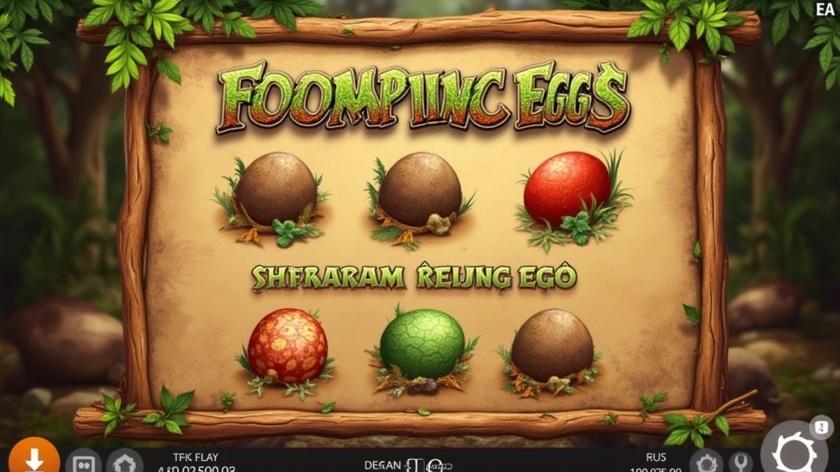 Interfaz de usuario de tragamonedas con temas prehistóricos como huevos de dinosaurio.