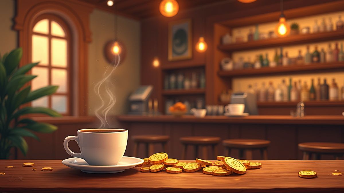 Una acogedora cafetería con monedas de oro y tazas de café.