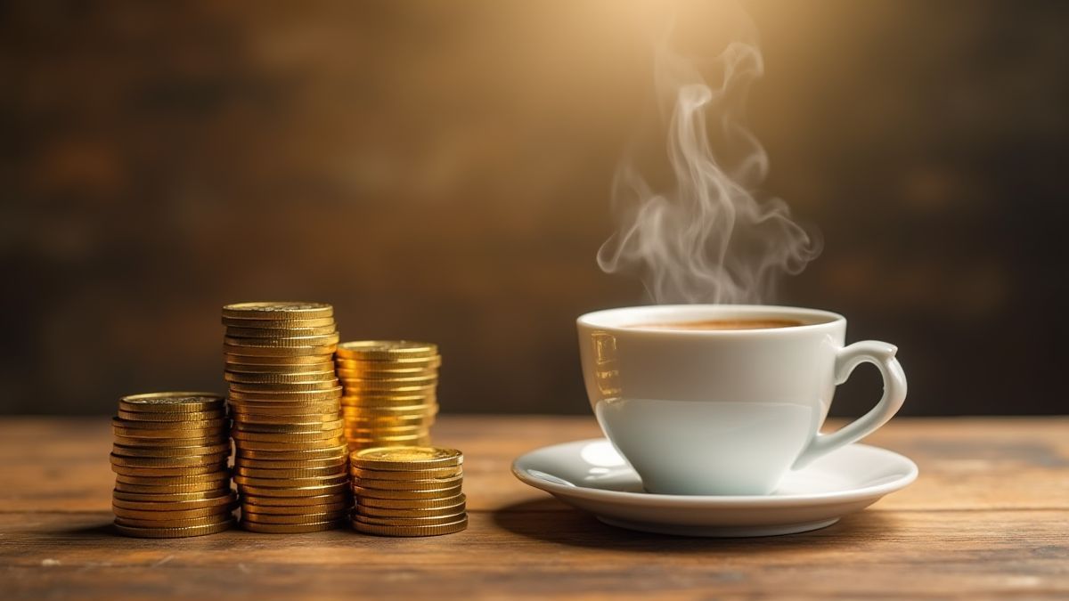 Monedas de oro junto a tazas de café en una mesa de madera.