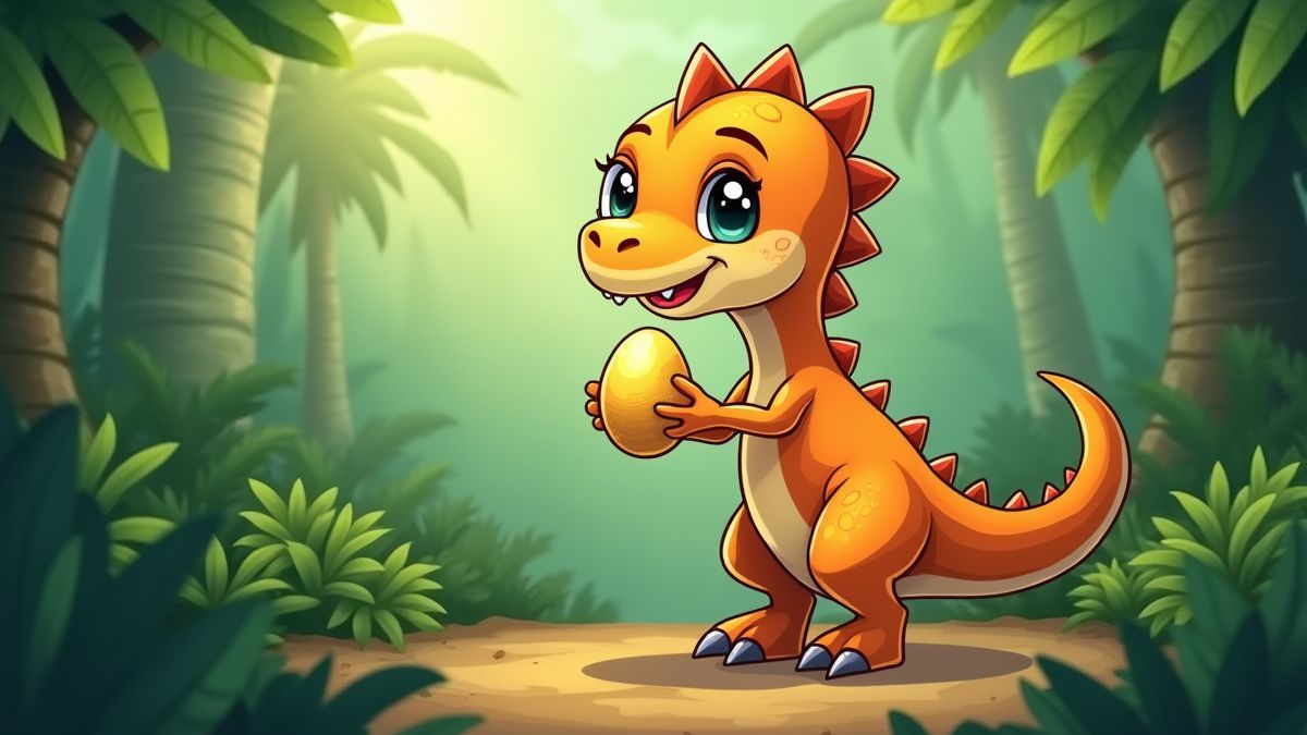 Dinosaurier hält ein goldenes Ei in der Dschungel.