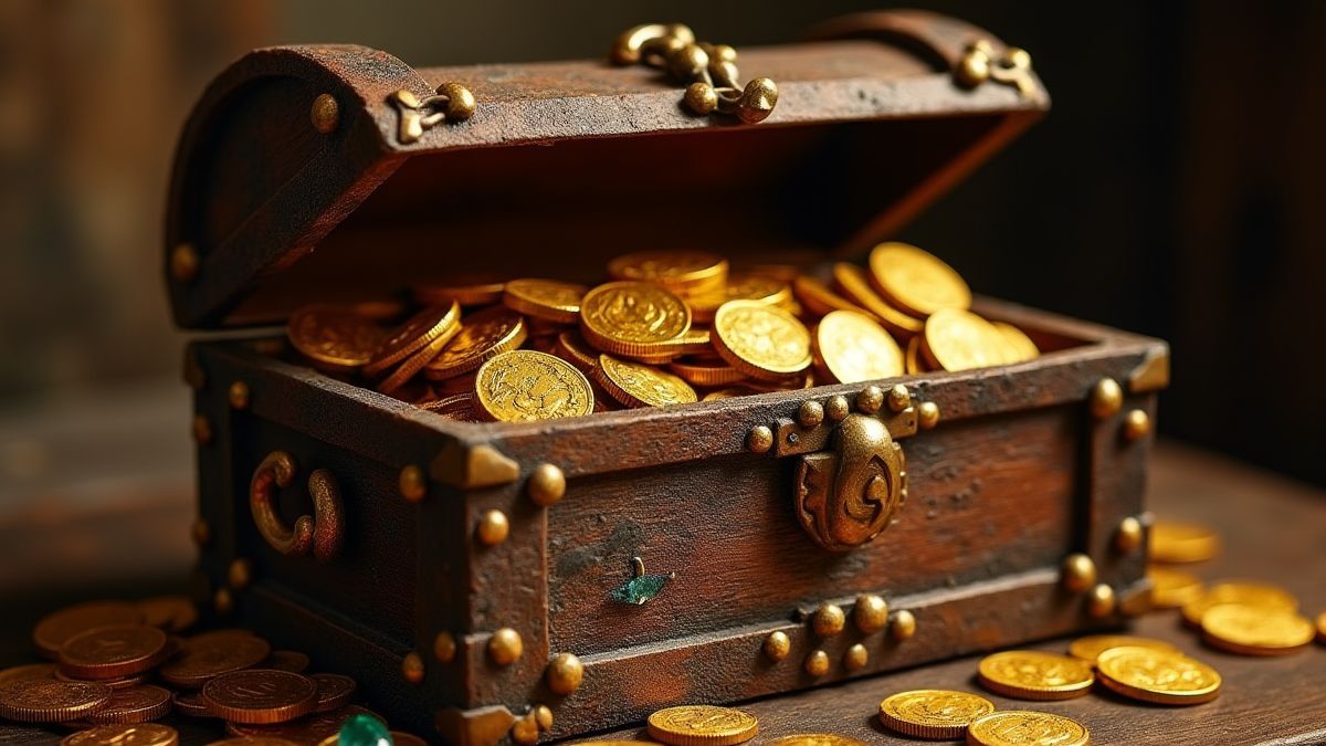 Schatztruhe voller Goldmünzen und Juwelen.